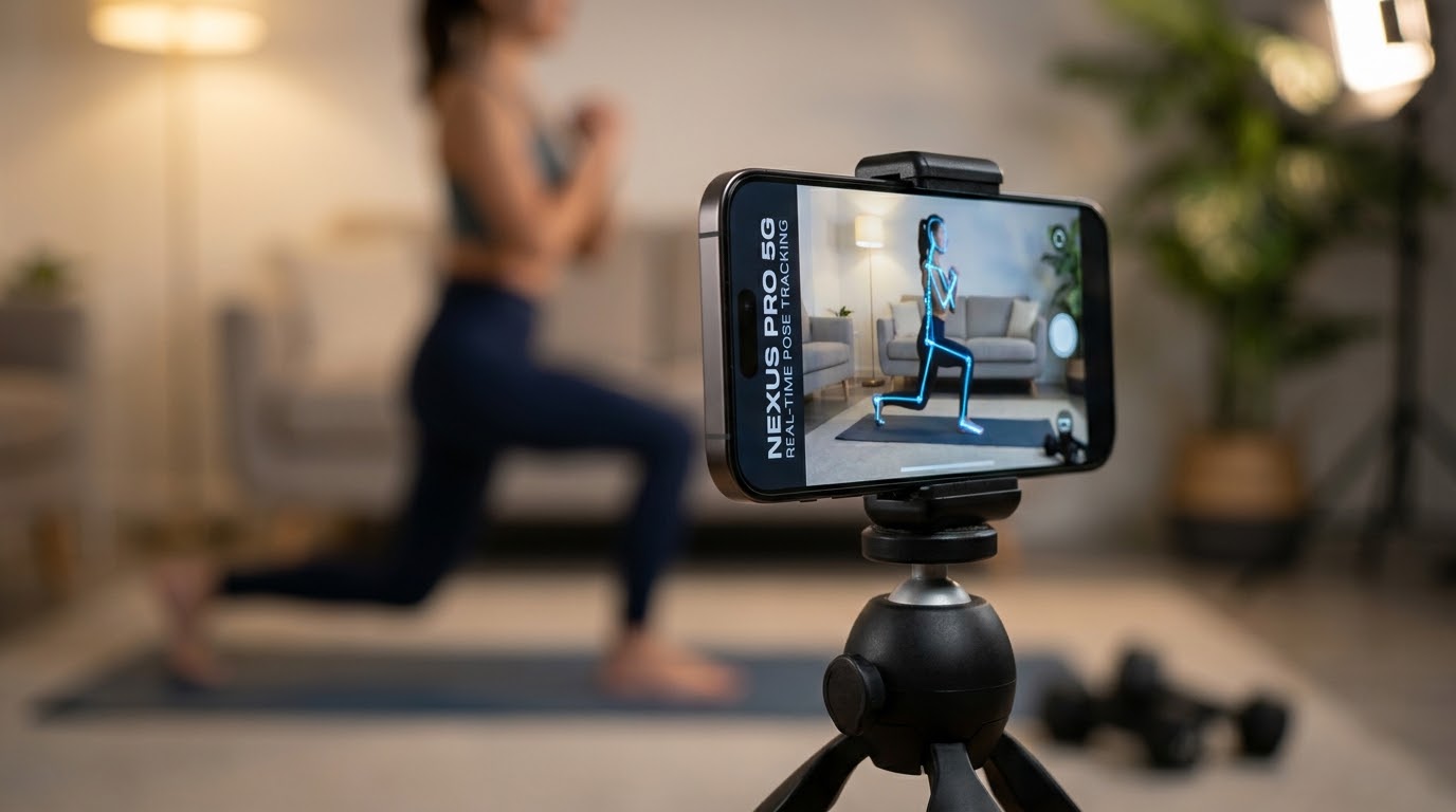 Smartphone auf einem Stativ im Wohnzimmer: das Display zeigt ein Echtzeit-Skelett-Tracking einer Person, die eine Übung ausführt.